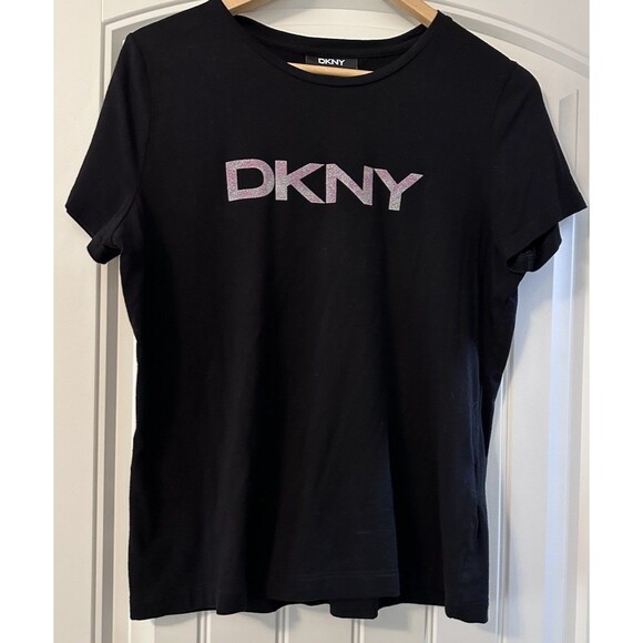DKNY Tops - DKNY Black T Shirt With Silver 3D DKNY Print Light Fabric And Stretch Size M